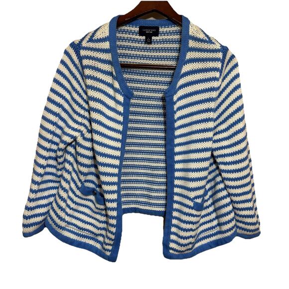 Land's End Drifter Open Front Striped Cardigan Sweater Size L Anchor Coastal - Picture 1 of 6